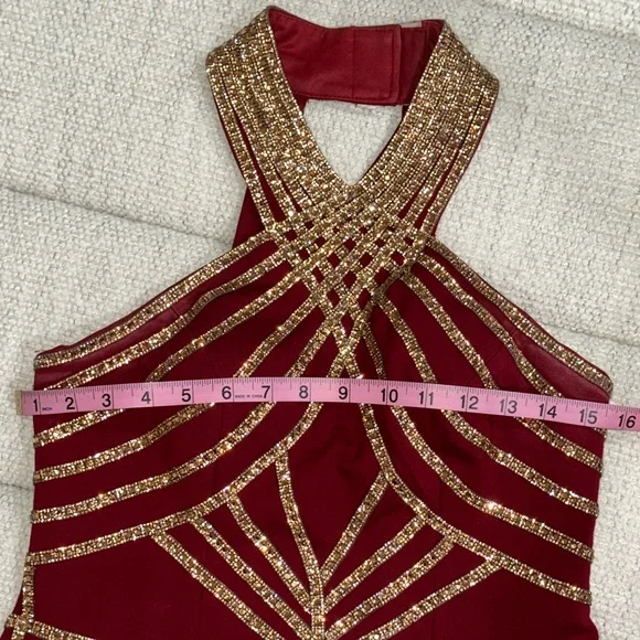 Halter Gold Burgundy Red Short Sparkle Fringe Showgirl Stage Dance Flapper Dress - Picture 7 of 12